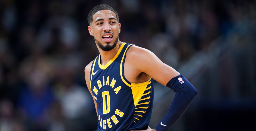 INDIANAPOLIS, INDIANA - OCTOBER 25: Tyrese Haliburton #0 of the Indiana Pacers looks on in the first quarter against the Washington Wizards at Gainbridge Fieldhouse on October 25, 2023 in Indianapolis, Indiana. NOTE TO USER: User expressly acknowledges and agrees that, by downloading and or using this photograph, User is consenting to the terms and conditions of the Getty Images License Agreement.